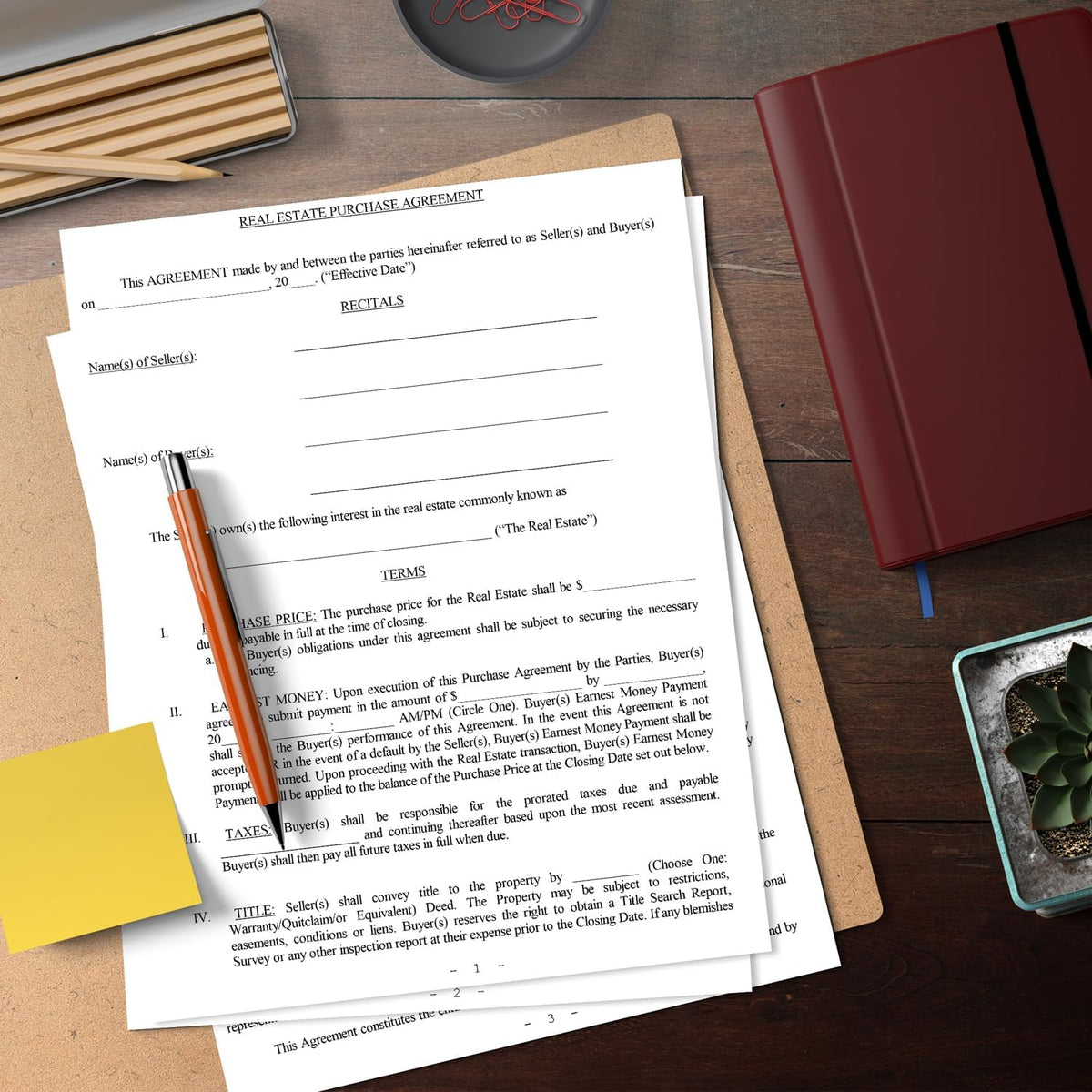 Real Estate Purchase Agreement Form with Attorney Approved Instructions