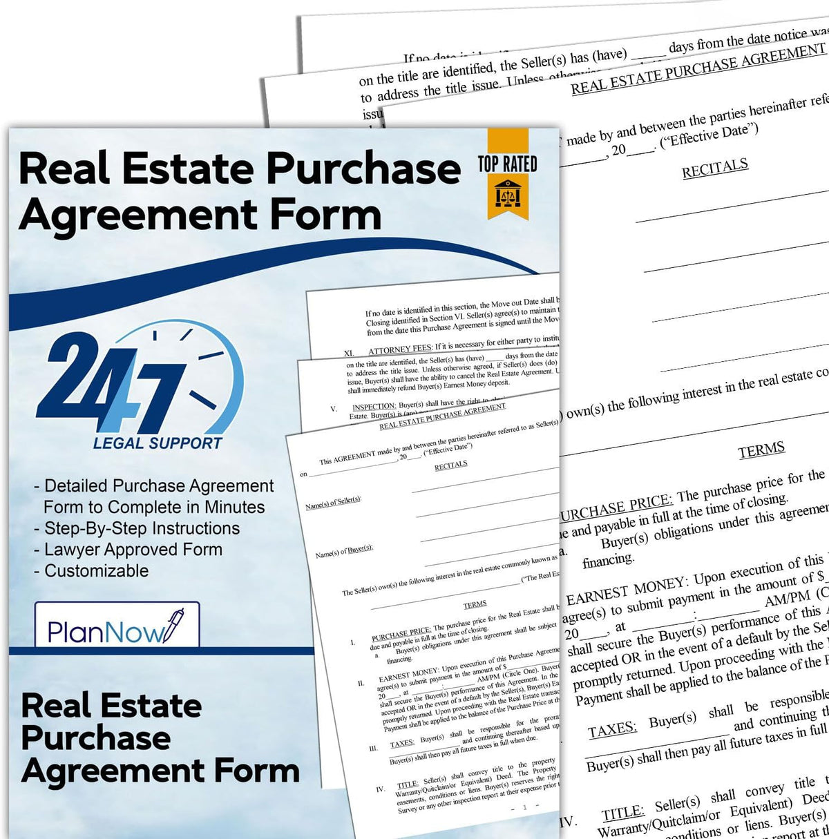 Real Estate Purchase Agreement Form with Attorney Approved Instructions